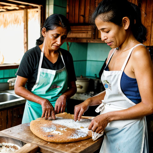 Grandmother and teen cooking cassava bread in a rustic Amazon kitchen.”