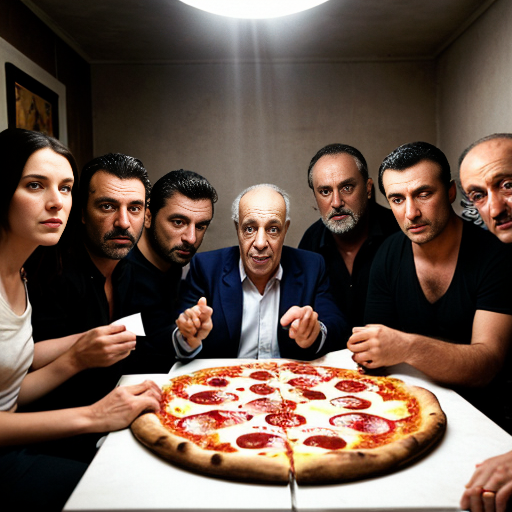 •  Scena 6: Una foto cinematografica e sgranata che cattura un incontro segreto in una stanza di Palermo degli anni '70 scarsamente illuminata. Un gruppo di uomini potenti e in ombra è riunito attorno a un grande tavolo: Gaetano Badalamenti guarda, outnumbered e marginalizzato, mentre Michele Greco viene formalmente nominato. Al centro, l'influenza senza ostentazione, è Totò Riina, dall'aspetto concentrato. Sta sottilmente passando pacchetti di denaro ad altri uomini, visualizzazione di "comprare alleanze". Una mappa della Sicilia ha linee che indicano le rotte della droga verso gli Stati Uniti (Pizza Connection), fondendosi con immagini di una persona rapita e denaro del riscatto. La forte illuminazione chiaroscurale enfatizza i segreti e il "colpo di Stato silenzioso", con le ombre che dominano. Riina non è al centro dell'attenzione, ma chiaramente il burattinaio.