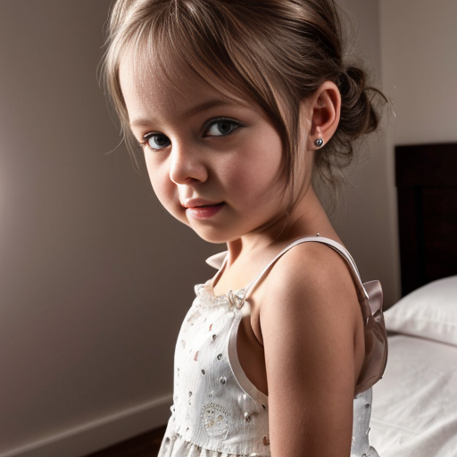 Brazil little girl at night dress, very beautiful, on the bedroom, close up