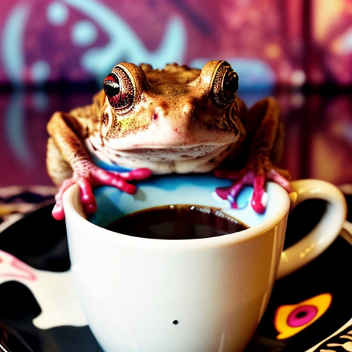 A hillarious, funny boho toad with some hippie colored coffee cups. Psychedelic decorated background, hyperrealistic. Close-up view.