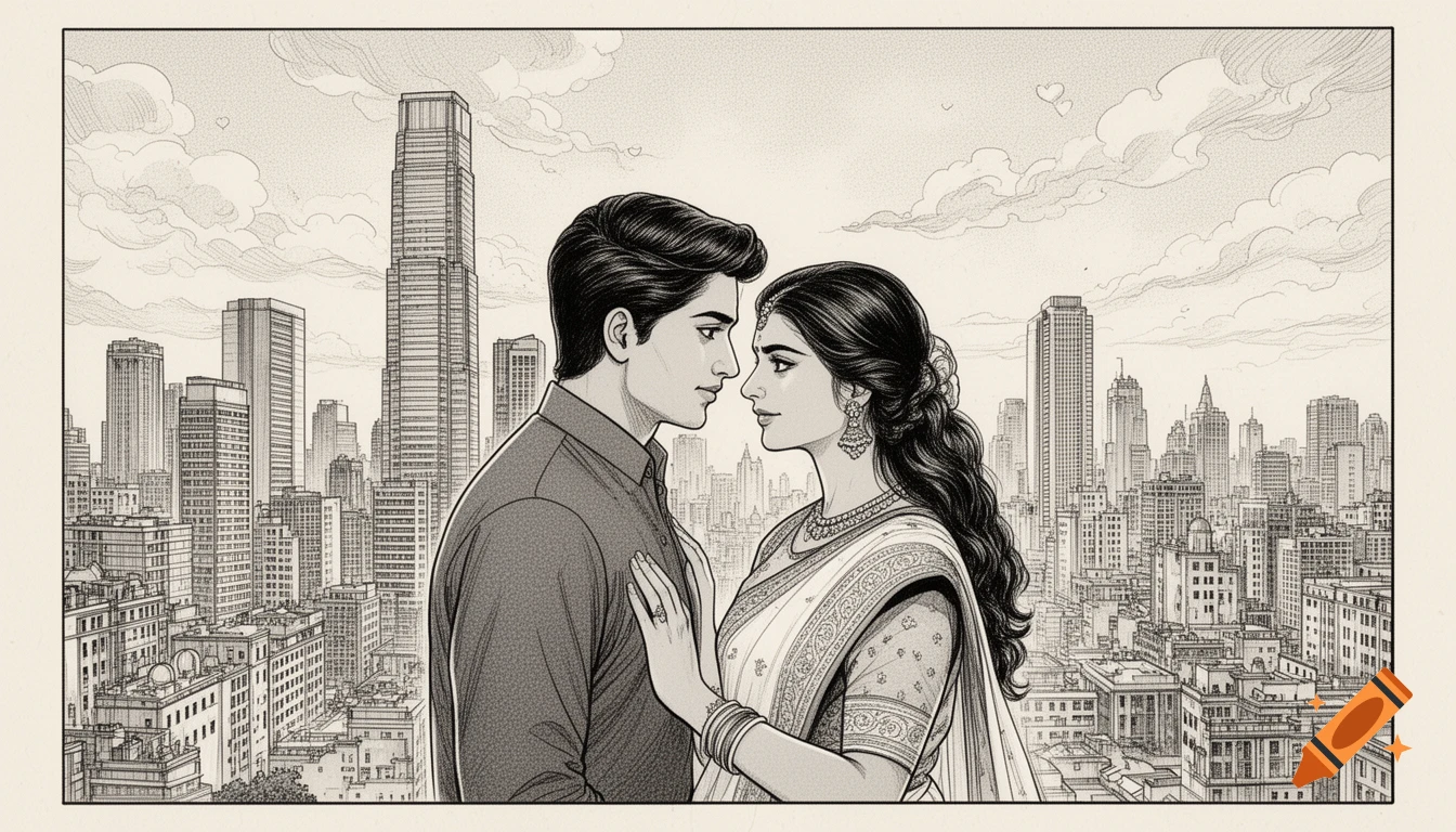 black and white manga first page, Indian couple in love living abroad, modern city outside India, soft romantic atmosphere, detailed ink line art, Japanese manga style, expressive emotions, gentle body language, cinematic composition, manga panel layout, no color