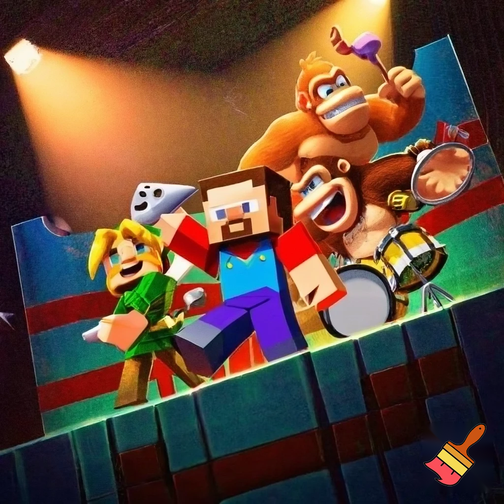 Minecraft steve, mario, link, and donkey Kong in a band