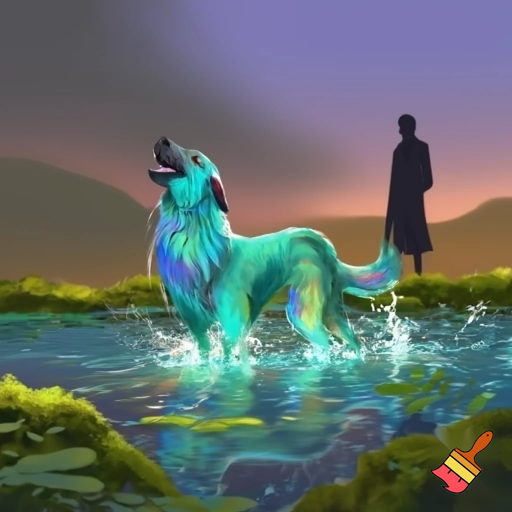 immagine di un perro de aqua in uno stagno con nil padrone che lo osserva da una sponda
