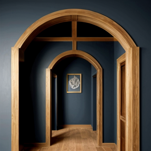 Dark blue wall with mdf arch With subtle details in gold and wooden slats under the arch and painted dark blue