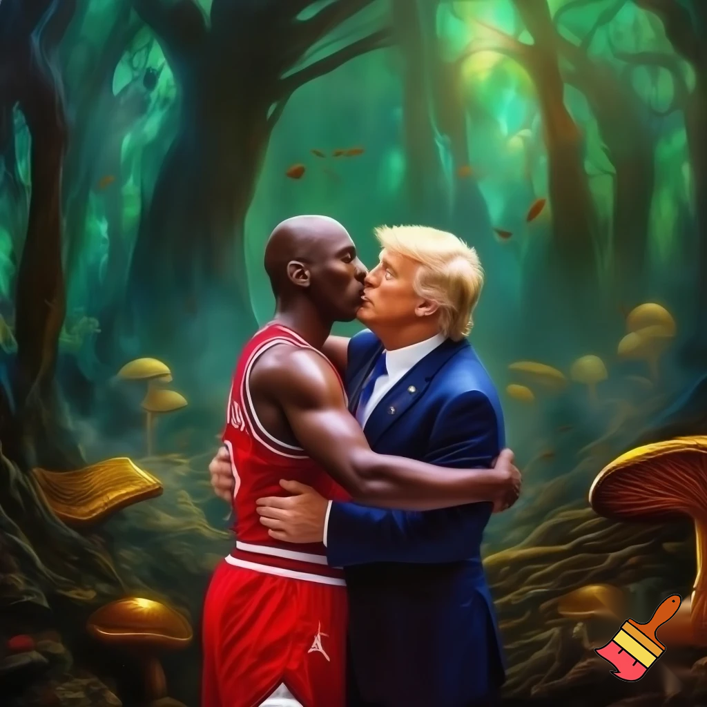 michael jordan and trump kissing in the middle of the forest