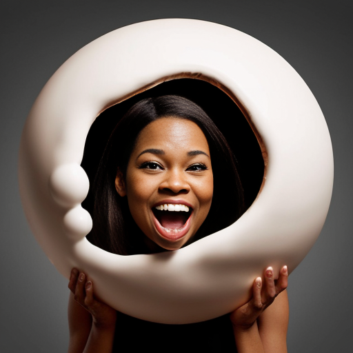 Actress Nia Long a long hair as a spherical shape inflated like a balloon a gigantic rounded chocolate ball body overinflated Her body is exaggeratedly rounded, forming a sphere, with no visible definition of limbs. she was being eaten and ripped by the giant human mouth of the mouth background giant white human face male mouth her body inside the giant mouth being eaten, biting and ripped and devoured by a giant human mouth background . The style is surreal and comedic, with a digital or graphic manipulation aesthetic. The lighting is even and diffused, casting no strong shadows. The image is presented from a slightly high-angle perspective, emphasizing the exaggerated spherical form.