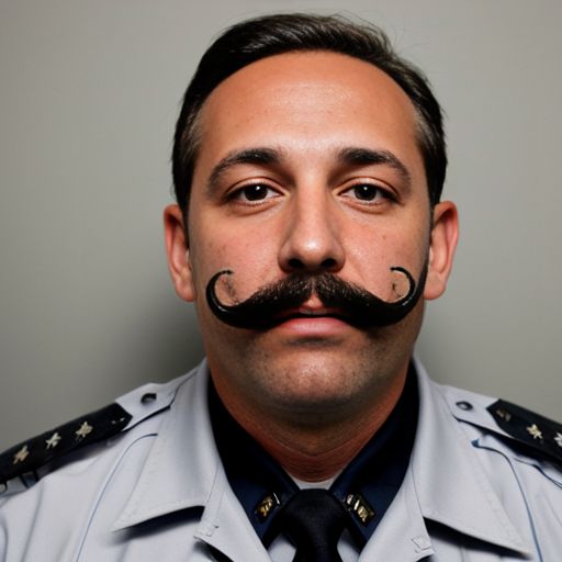 40 year old cop with long black hair tied down, a big black mustache with a gray streak in it, green eyes, and a mole on his cheek.