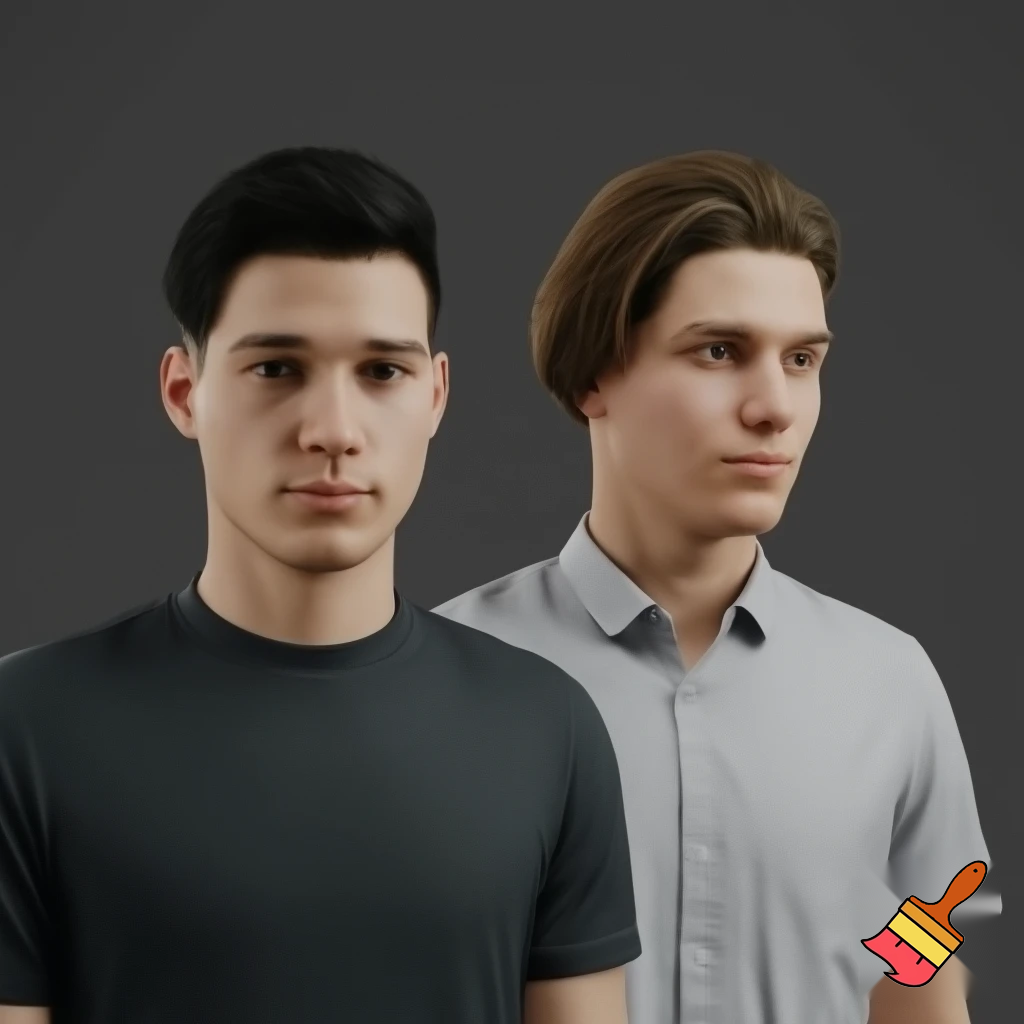 Fotorealistisk bild av två unga män som liknar personerna i referensbilderna.
Den första har lockigt ljusbrunt hår, mjuka ansiktsdrag och en mer uppklädd stil.
Den andra har mörkare lockigt hår, intensiv blick och bär en mörk kortärmad skjorta.
De står tillsammans utanför en klassisk engelsk pub med röd tegelvägg, hängande pubskylt, blomlådor och kullerstensgata.
Kvällsljus, varm och livlig pubstämning, realistisk fotograferingsstil, naturliga färger, hög detaljrikedom.
Inga identifierbara verkliga personer.