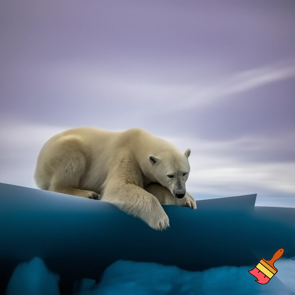 Quiero que realices una imagen en la que haya un oso polar tumbado de lateral viendose las patas con los ojos cerrados y la cabeza apoyada, encima de un témpano de hielo con forma triangular inclinado 45 grados a la izquierda, que tenga una base de hielo que se encuentra en el mar, que se encuentre alejado de la cámara, no se ve la parte de abajo del iceberg, pero que haya hielo en la parte de abajo de la imagen, que el 70% del fondo de la foto sea un cielo nublado grisáceo con tonos también morados y nubes blanquecinas y que el mar sea un azul marino, en tonos fríos, con un estilo tipo Nathional Geographic, en 3D, en plano central y con una resolución 4K (3840x2160 pixeles).