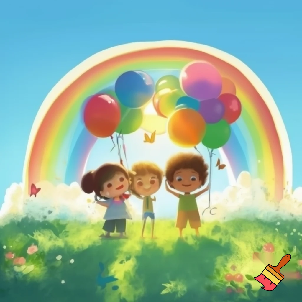 “Children Holding Balloons Under a Rainbow”

Theme: Happiness & friendship
What to draw:

Two or three smiling children standing on grass, holding colorful balloons.

A big rainbow arch in the background with a bright sun and clouds.

Add a few butterflies or flowers near their feet.
