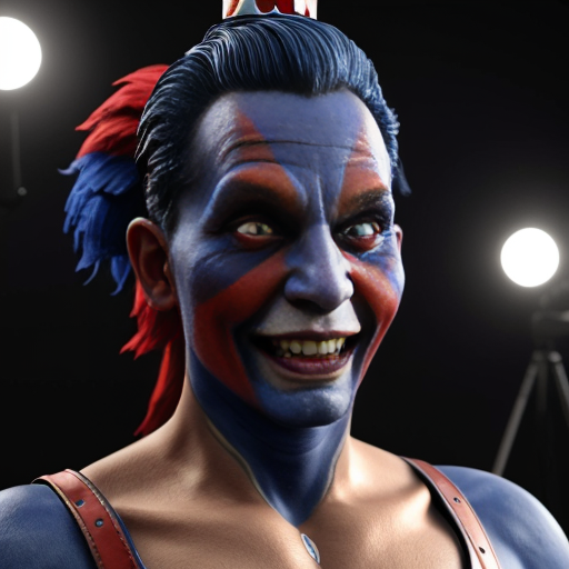 an image of a 3d render red and blue jester named pomni from the amazing digital circus