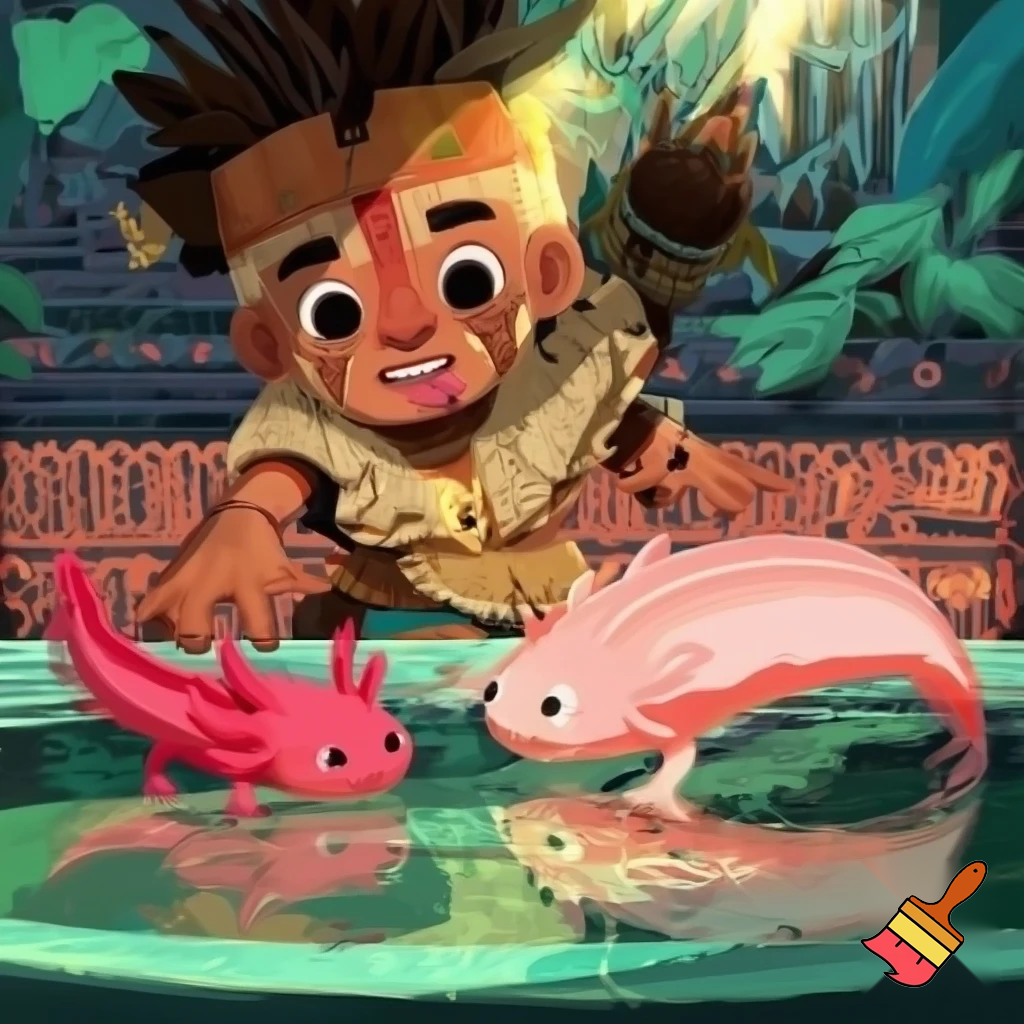 an Aztec boy playing eating ants and an axolotl 