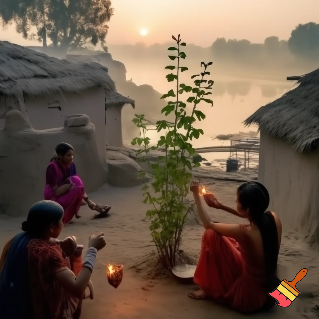 Early morning Indian village near Ganga river, small mud houses, tulsi plant in courtyard, women sweeping and lighting diya, soft sunrise light, peaceful spiritual aura, realism, cinematic tone.