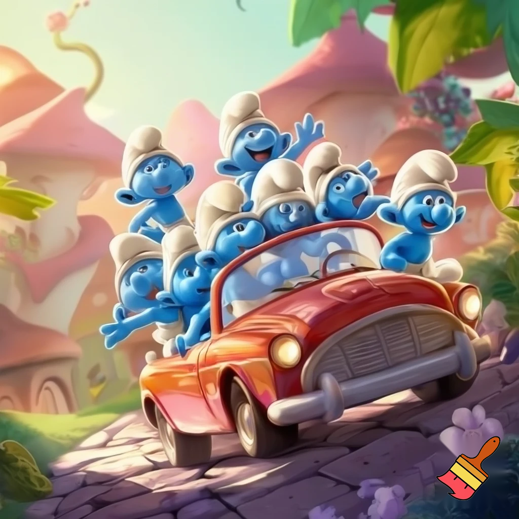 Smurfs riding a car.