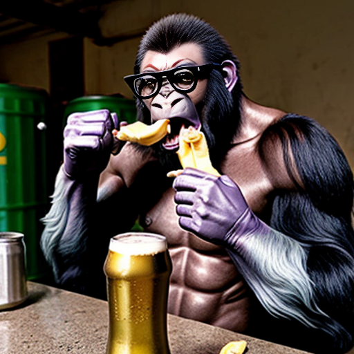 a purple male with glasses and buckteeth eating a banana, a gorilla is in the background looking angry as it was his banana, there is an alien with glasses and holding a green can that says a beer