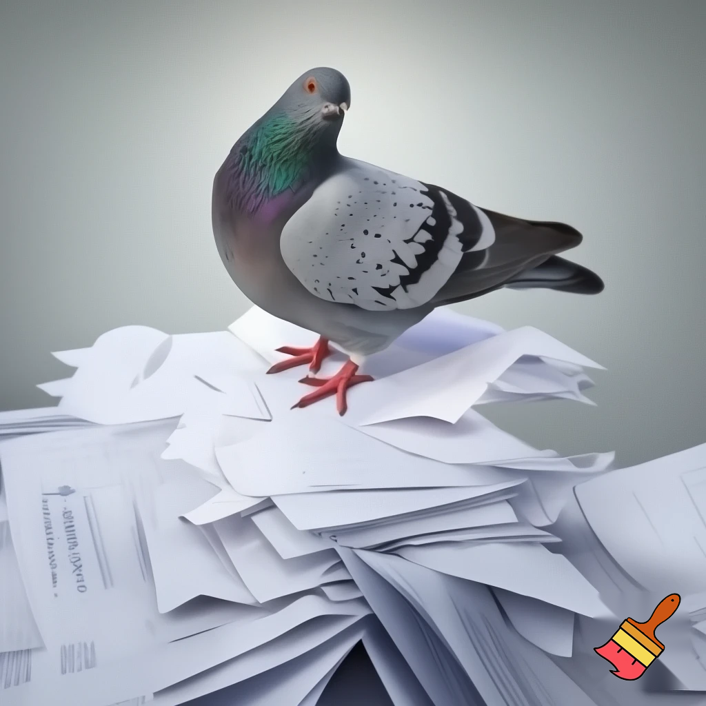 A pigeon on top of a pile of papers with the words "Income Tax" written on them