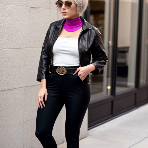 Attractive woman with an ash blonde pixie cut and a slim build wearing bold makeup wearing a cropped jacket, a bandeau top, cigarette pants with a belt and peep toe chunky heels 