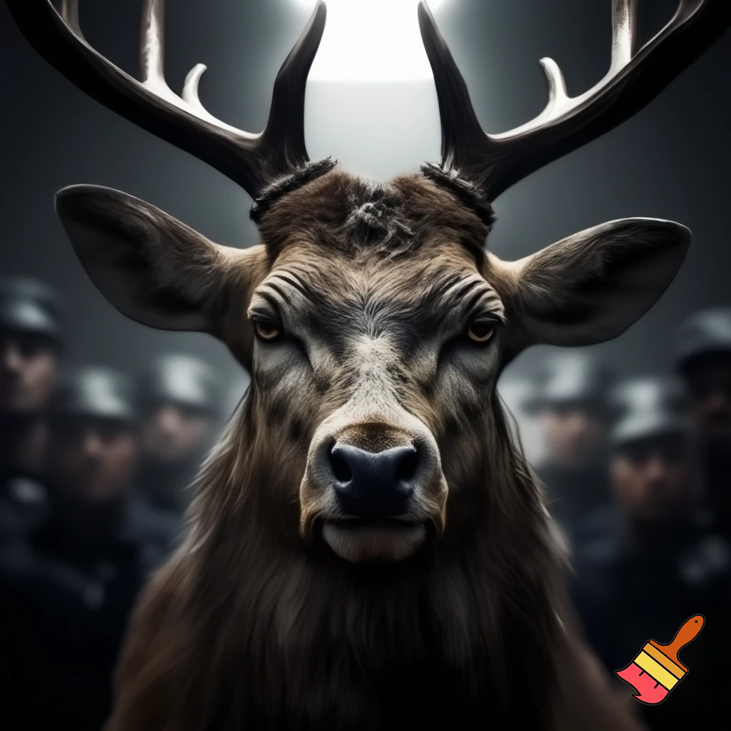 picture of a mugshot deer with scars and a serious face holding a lineup