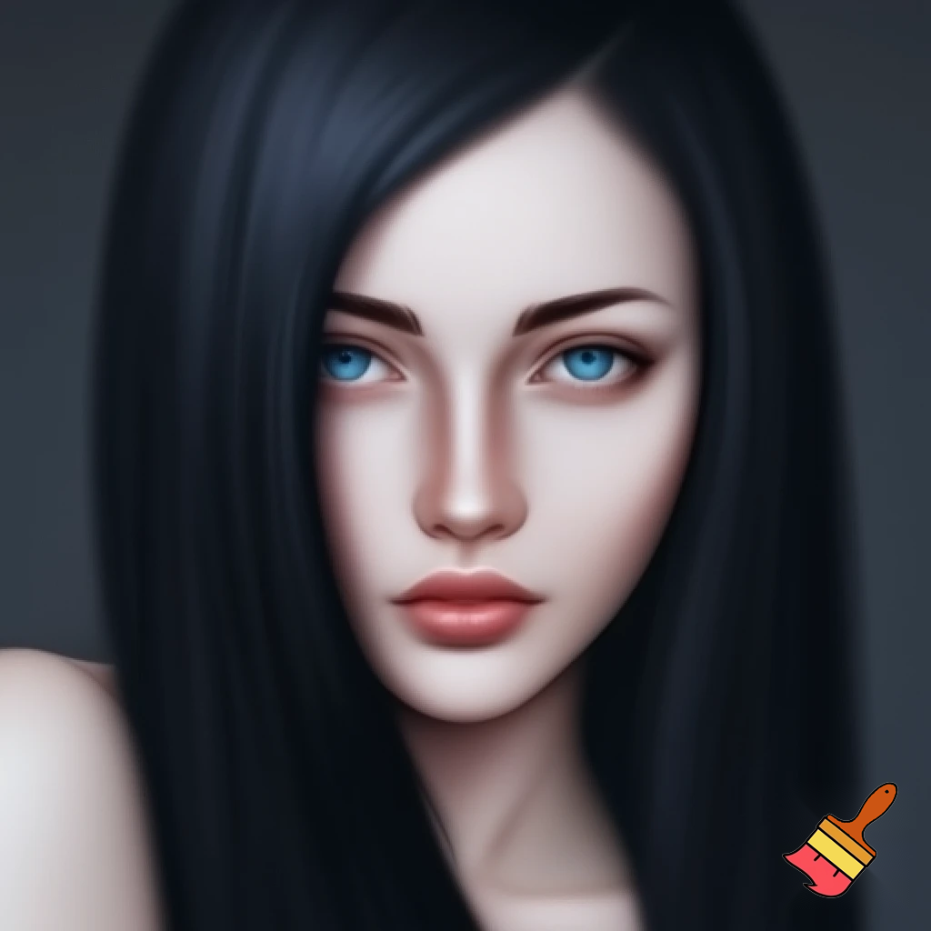 Female long black straight hair , ocean blue eyes, white skin drawing,and less  realistic and drawing with color
