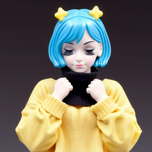 a red gachapon with a dark red rim. Her eyes are half-closed with dark red eyelids and two eyelashes on each of the lower lids. The upper half of her head is a translucent, pale blue lid that can open up. She wears a cyan sweater with a darker neckline and a yellow star on the chest. The sleeves are long and oversized, covering her hands entirely. She has dark red legs and red feet