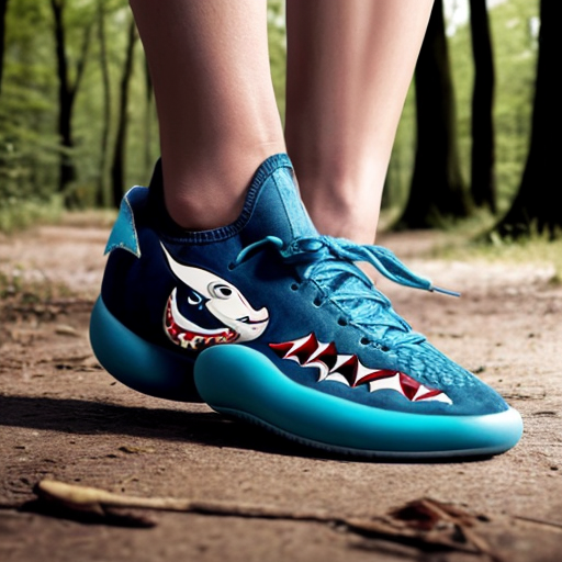 Make a shark with blue shoes on runing away into the woods fast
