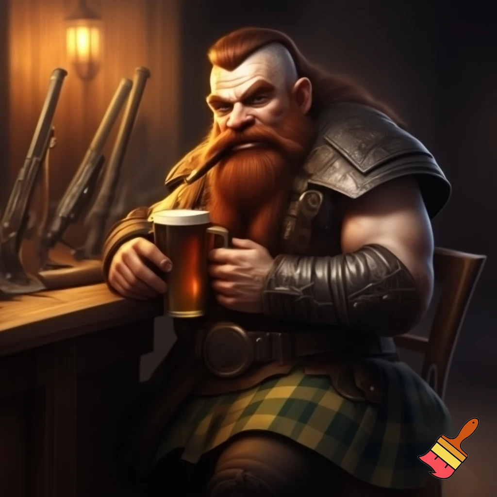 short far dwarf. gunslinger. cigar. sitting at the counter on chair in tavern and sipping a pint. bald. red beard. rough atmosphere. kilt. musket on the table. rugged leather armor. angry. harsh drawn style