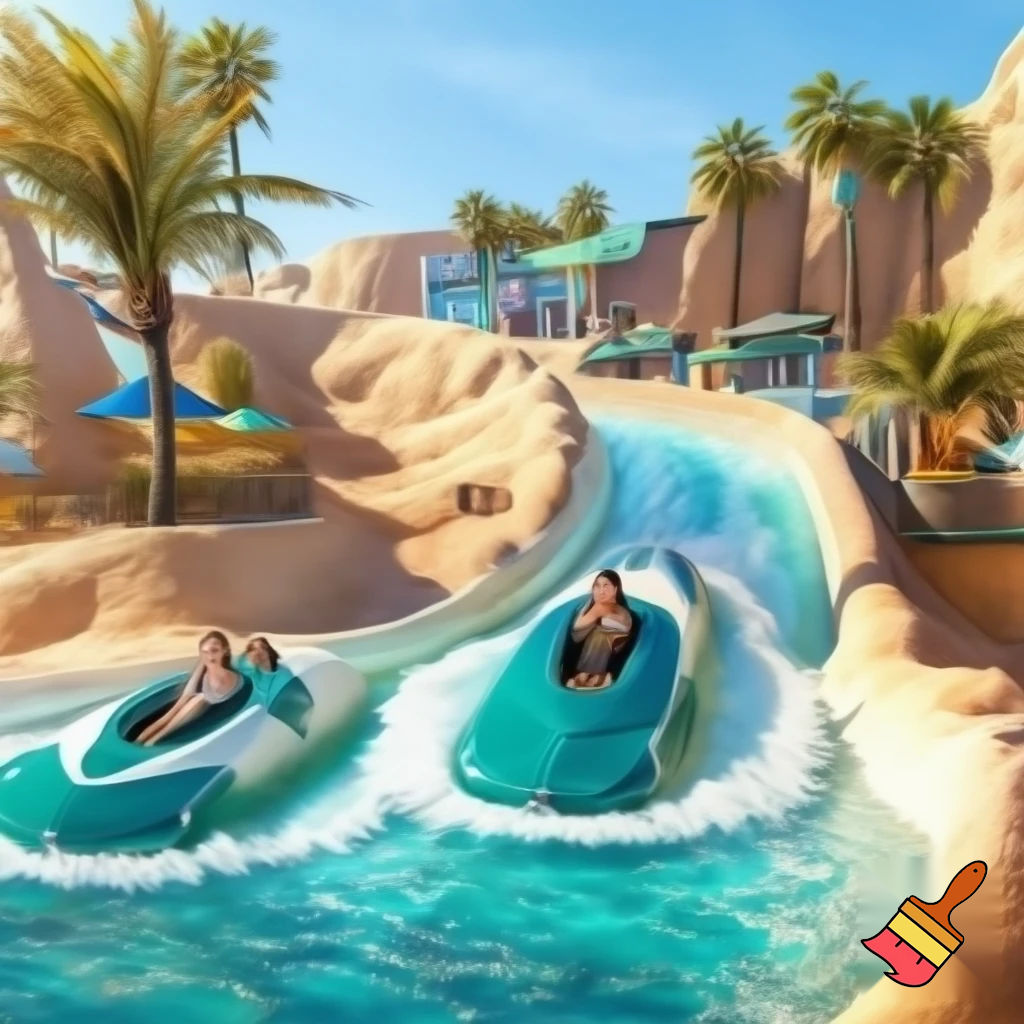 Create a realistic, theme park water ride and the boats in shapes of teal and white surfboards with a Malibu beach vibe. Also, add a path