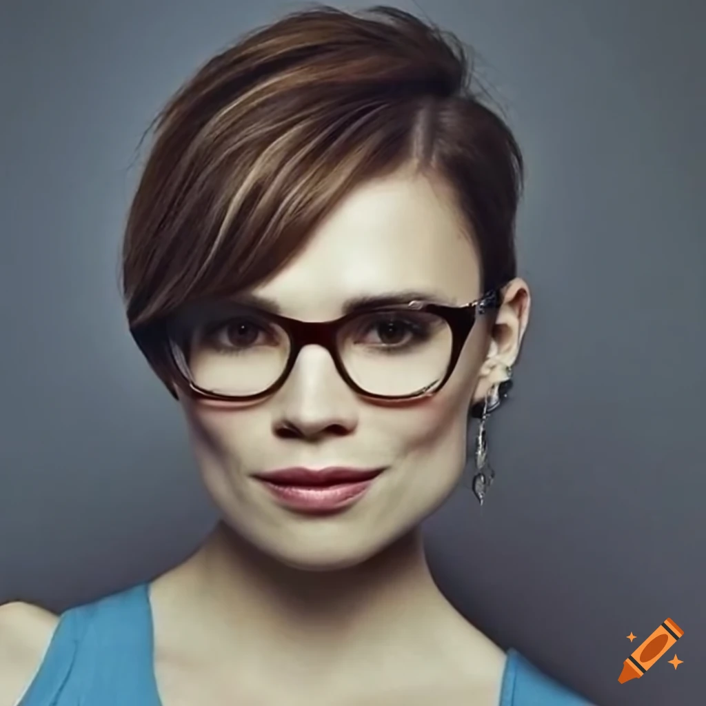 hayley atwell, brown hair with pixie haircut, glasses, blue tank top