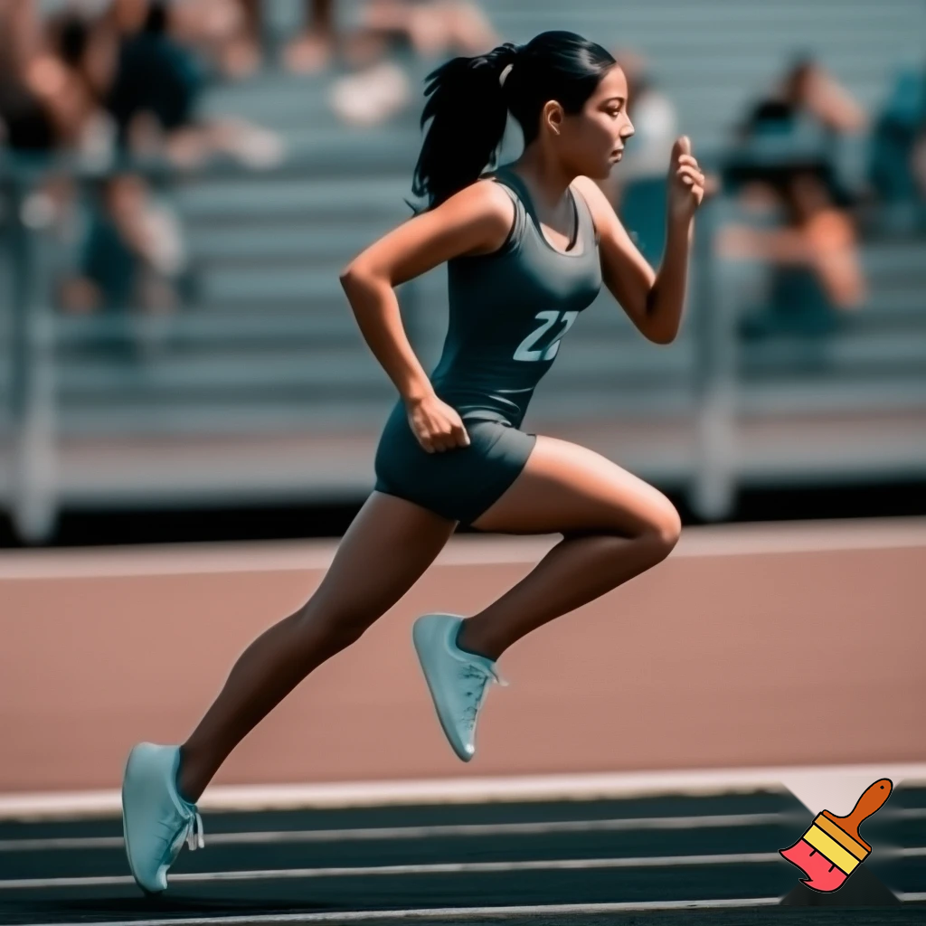 Jenna Ortega running at a school sports day, wearing a sport tank top with the number 23 on it, and some short sports shorts, and white trainers. Make her hair tied up in a ponytail. 
