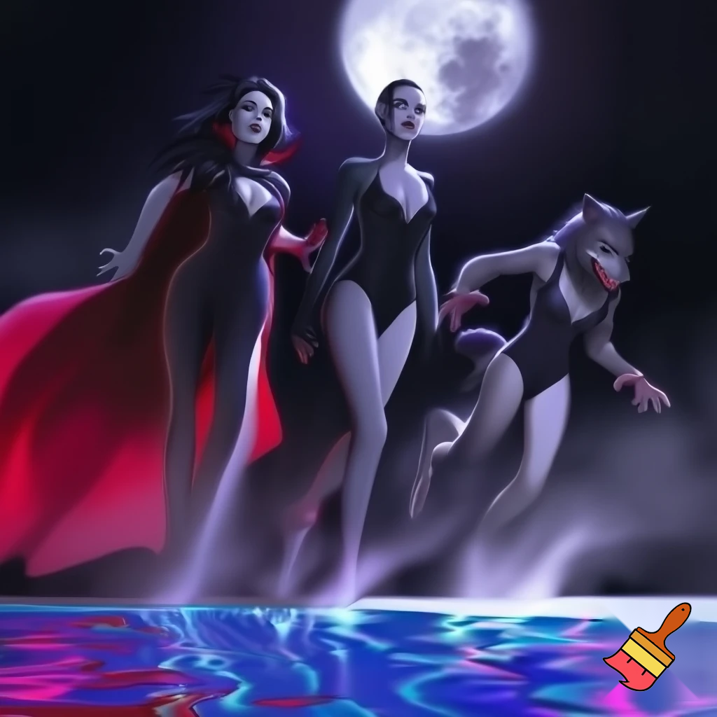 vampire queen Frankenstein's wife and the she wolf are wearing Halloween black one piece swim suits with swim caps and they r walking to the pool



