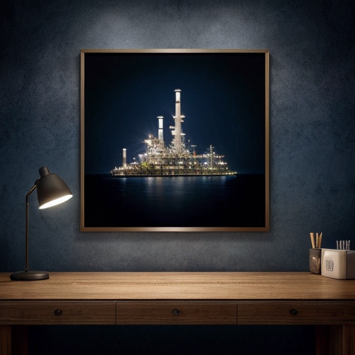 dark blue background with refinery on the right side blending into the dark blue background. The refinery should occupy only 25% of the total area.