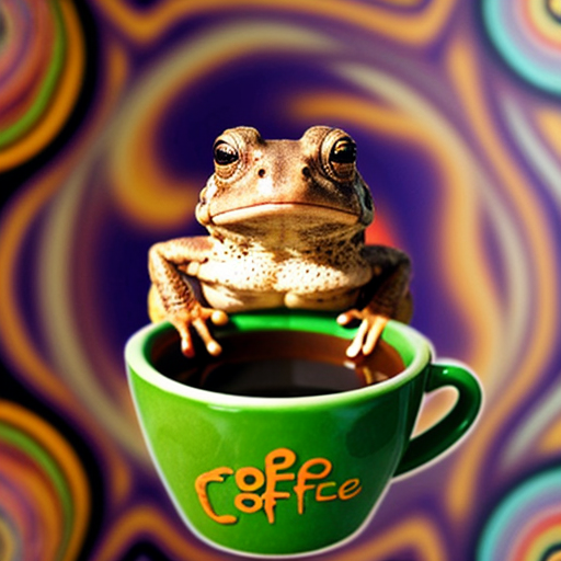 A hillarious, funny boho toad with some hippie colored coffee cups. Psychedelic decorated background, hyperrealistic. Close-up view.