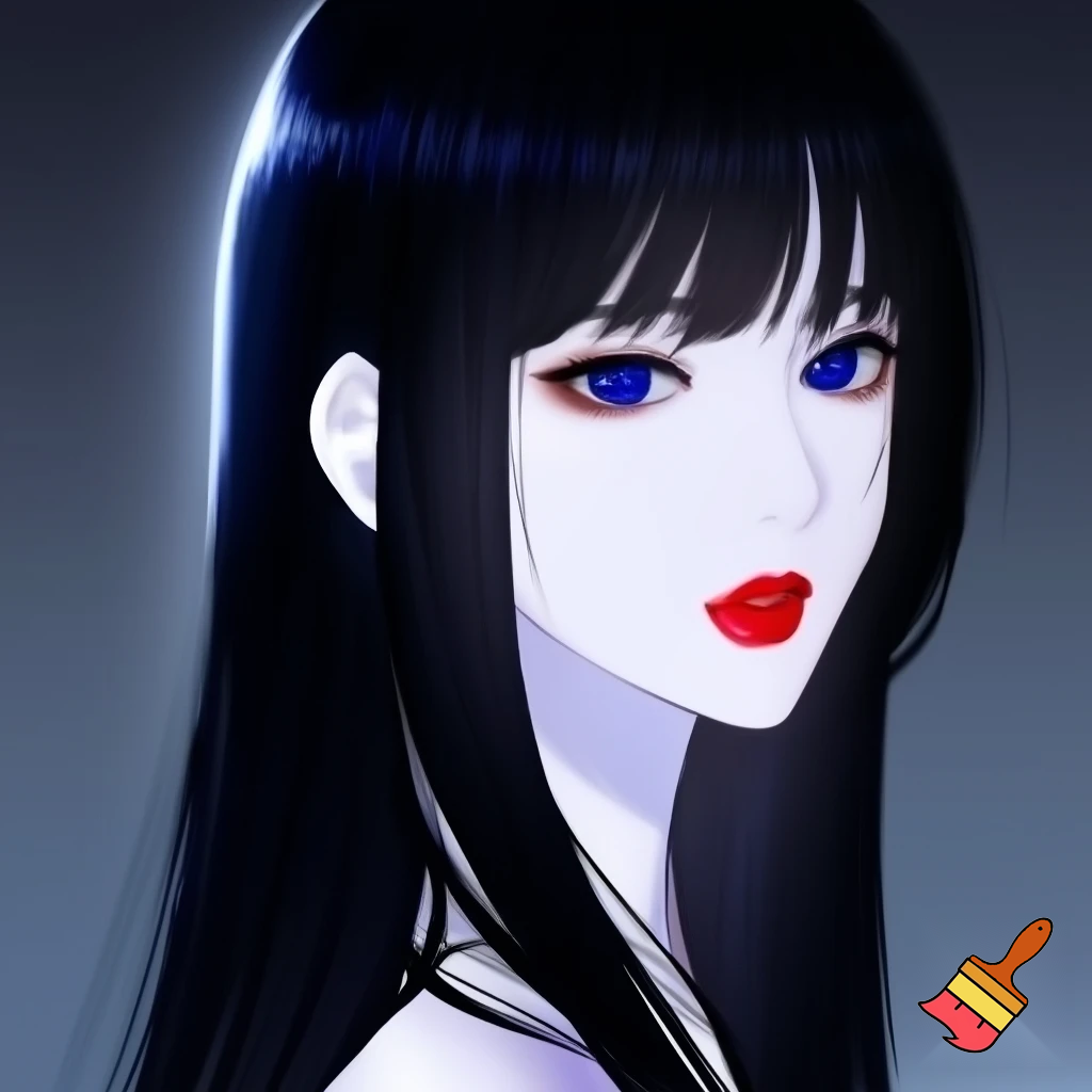 Female lead manhwa long black straight hair , ocean blue eyes, white skin look like Asian ,red lips