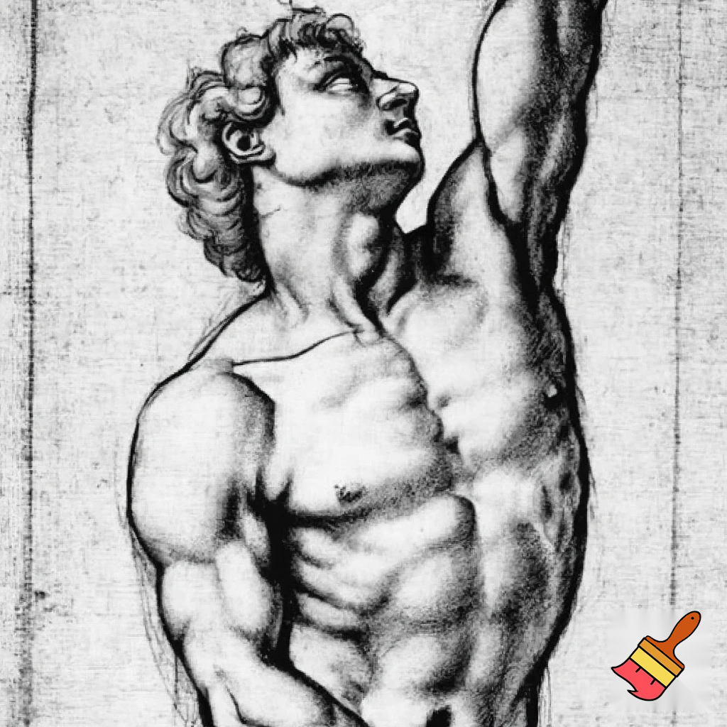 Black-and-white Renaissance-style sketch of a falling angel, body perfectly vertical and straight. Extremely muscular with well-defined abs, chest, and arms. Head tilted fully upward so the face is visible now: a soft, Renaissance “cutie” face — delicate features, gentle jaw, slightly parted lips. Large expressive eyes with a tiny reflective sparkle, conveying quiet betrayal and sorrow. Curly hair framing the face. One arm extended upward. Classical pencil shading, Michelangelo/Renaissance sketch style, dramatic but elegant.