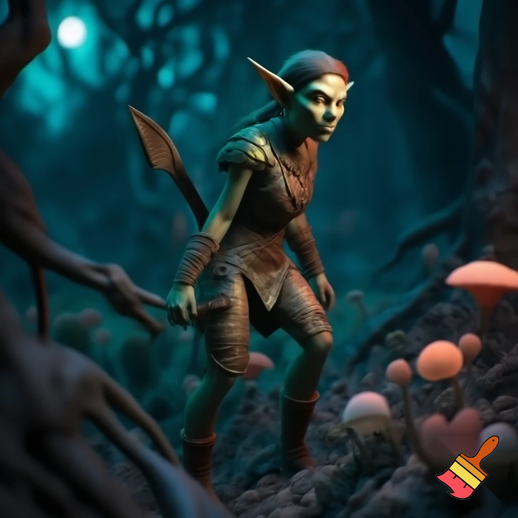 ambientazione fantasy, una ranger goblin femmina si aggira cauta tra le piante di un bosco misterioso