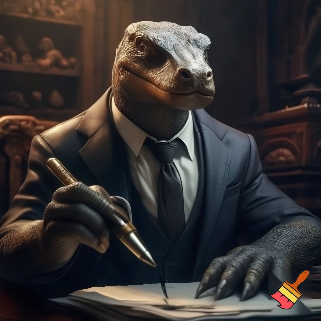 Half komodo Dragon half lawyer with over sized paying pen
