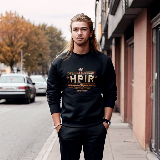 a cool guy with brown heir as a mullet and a red sweatshirt and black long pants