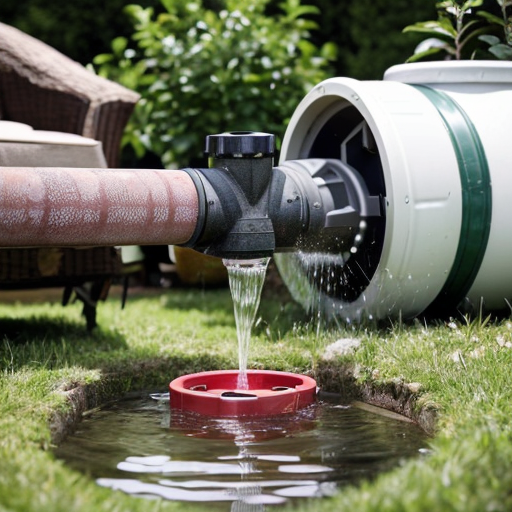 Draw a picture consisting of two parts: an underground part and an above-ground part separated by a lawn line. Under the lawn, there should be soil and a well casing in cross-section (schematic image), with clear, clean water in the well, and a centrifugal well pump suspended on a cable, with the pump submerged in the water and supplying water up a pipe connected to the pump. In the upper part of the image, there is a neat well head above the well, with a small, barely visible pipe leading to a small, cozy, modern-style country house with a gable roof and a terrace. In front of the house, there is a neatly trimmed green lawn, with 3-4 fruit trees (apple trees with light foliage and small fruits) nearby. On the lawn, there is an automatic watering device (sprinkler) in operation.