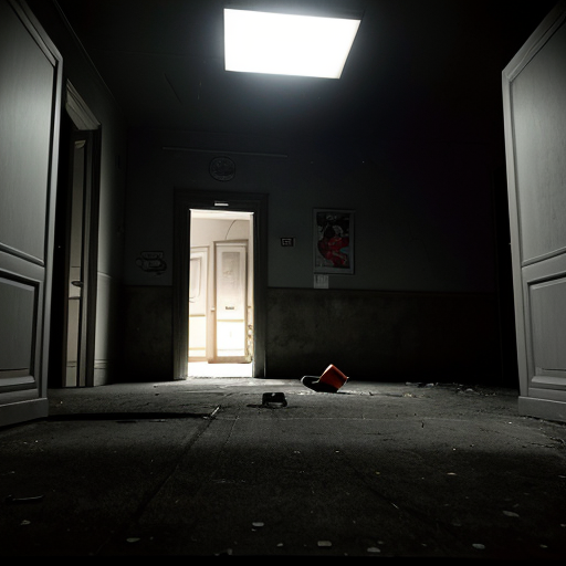 An early 2000s digital photo of an empty {enter detailed description of the place}, dark, the only light is the one coming from the camera flash, the place gives an uncanny feeling, and the picture is slightly tilted and noisy 