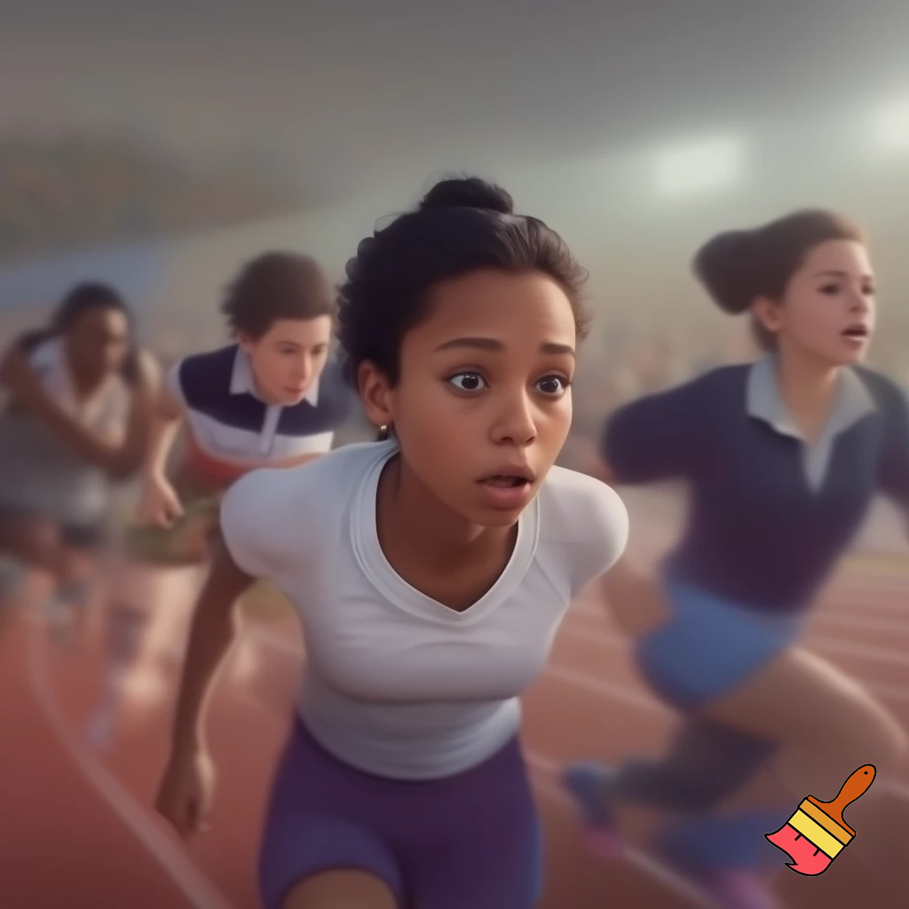 create a photo sequence (4 photos) in order. photo 1, a girl student is told by her teacher that she will compete in the schools 100 meter race. photo 2, the girl student is very nervous. photo 3, the girl gets encouragement from her classmates that she can do well in the 100 meter competition. photo 4, the girl competes and wins the 100 meter race.