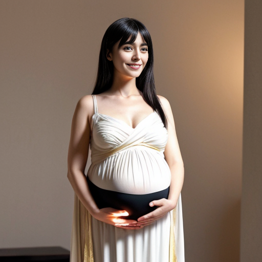 Anime style, Pregnant Albedo gently holding her belly with a warm smile, wearing a soft white and gold dress instead of armor, long flowing black hair, black wings folded peacefully behind her. Ainz Ooal Gown stands beside her calmly, resting a hand near her shoulder in a protective pose. Soft magical glow in the background, peaceful atmosphere, warm lighting, gentle expressions, wholesome and elegant composition.