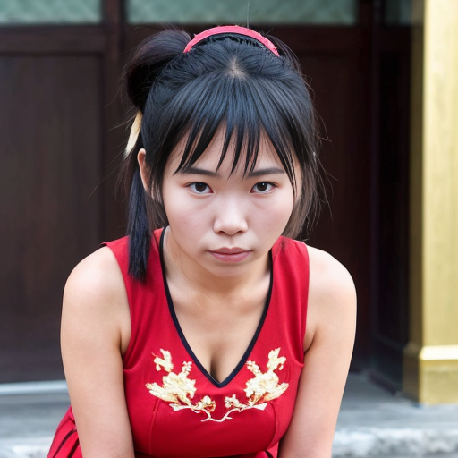 Anime style short woman from indochina, she wears a short red dress with gold embroidery, she has her bkue-black hair up in either 2 buns or 2 ponytails. She has a determined look on her face. We view her from a few steps away face-on. She is crouched forward looking like she has just finished a backflip.