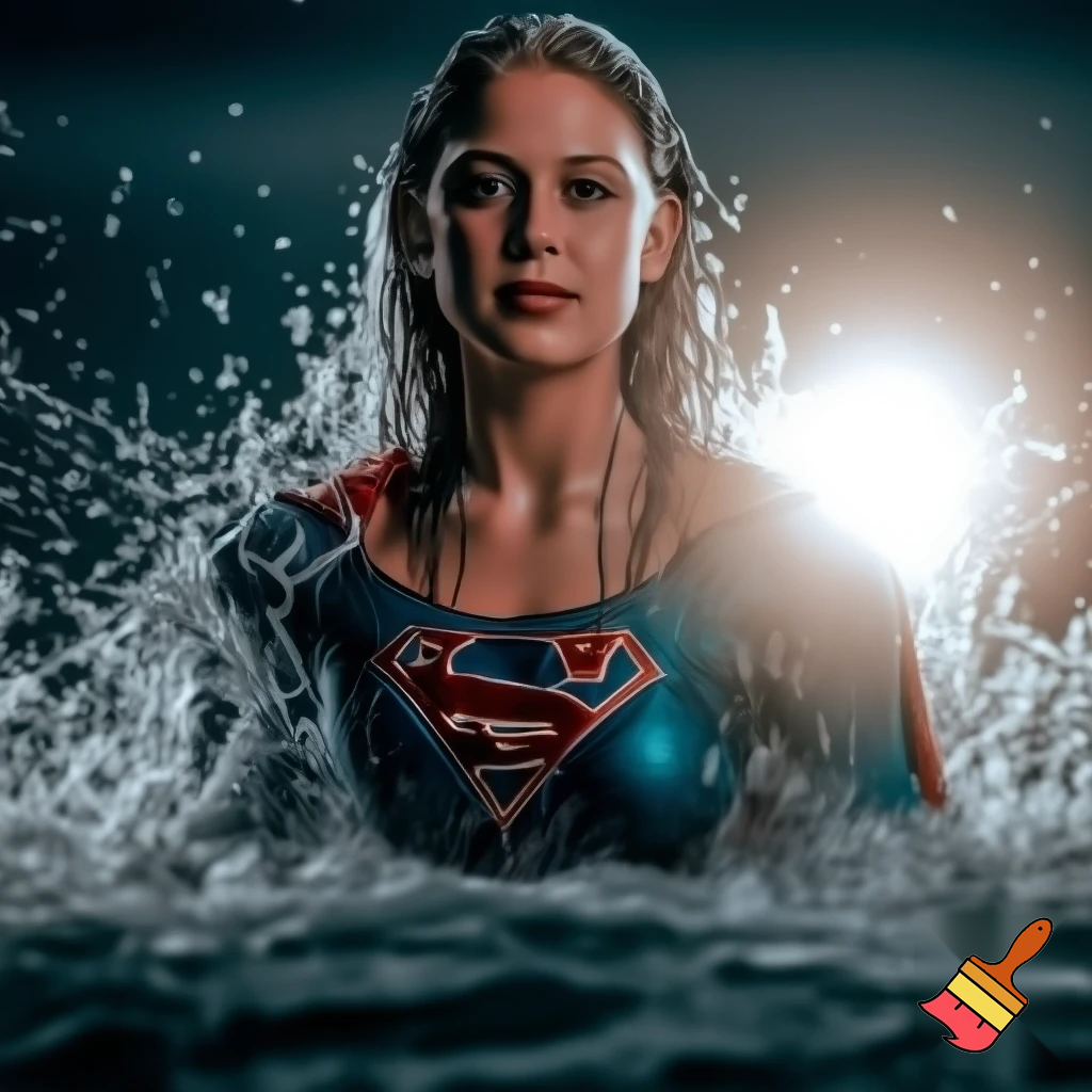 Supergirl right out of the sea in a wet costume 