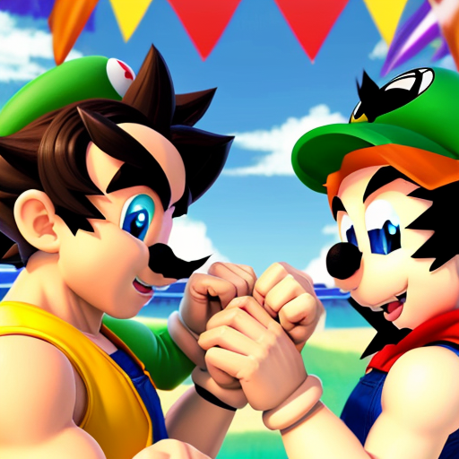 mario and luigi thumb wrestling each other on a big island, 90's dragon ball art style.