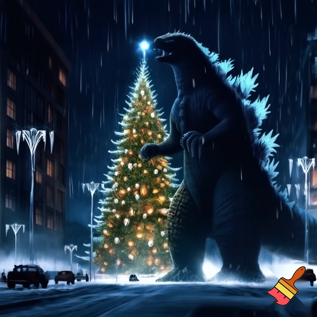 Godzilla walking to Christmas tree
