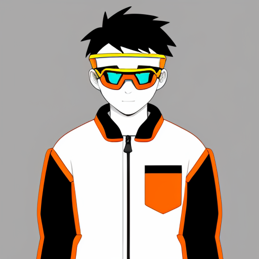 anime pokemon trainer 14 year old boy wearing grey strapped red neon tech flat goggle glasses on top of head white and orange jacket white gloves black shirt grey jeans