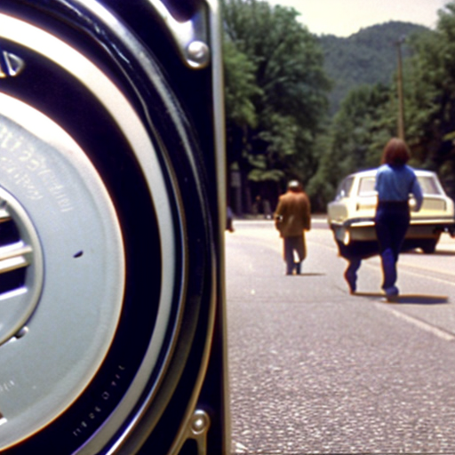 vintage vhs film tape video of a 1970s town with 1970s cars moving in it and 1970s people walking on the side walks