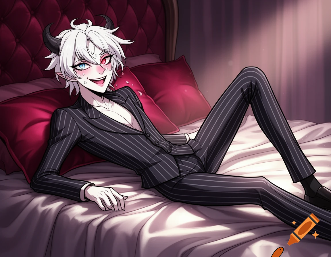 Angel dust from Hazbin hotel on a bed panting for air and blushing with white squirts on his face.
