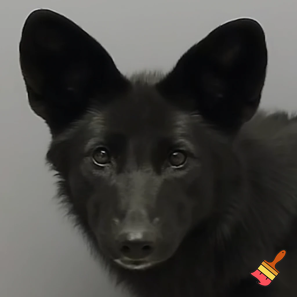 A black wild dog taking a mugshot looking DEADLY, sinister, angry and malicious