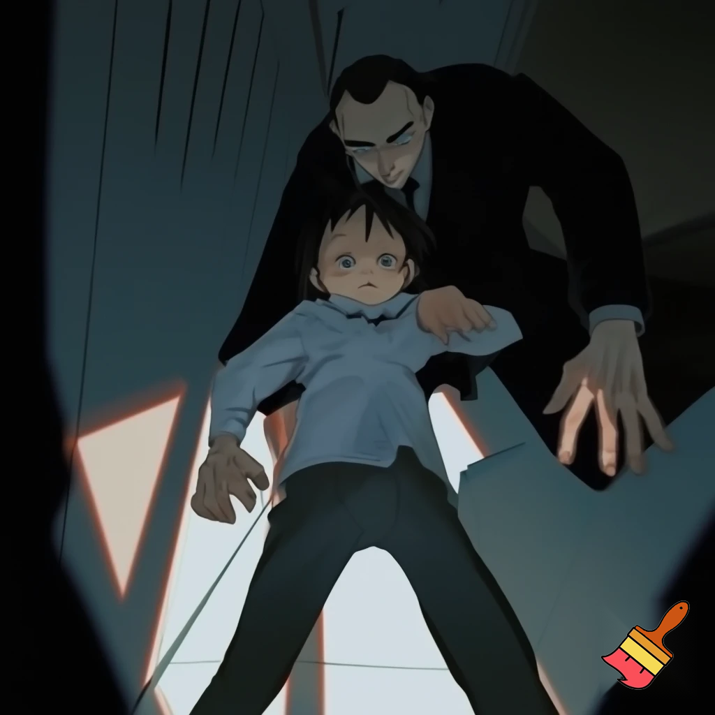 A boy in school uniform with his aggressive dad
